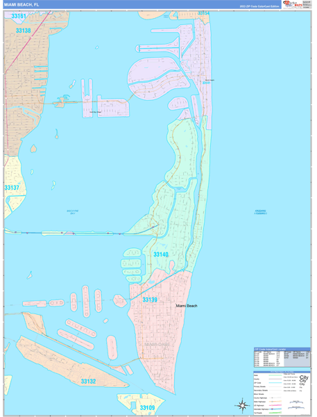 Miami Beach City Wall Map Color Cast Style